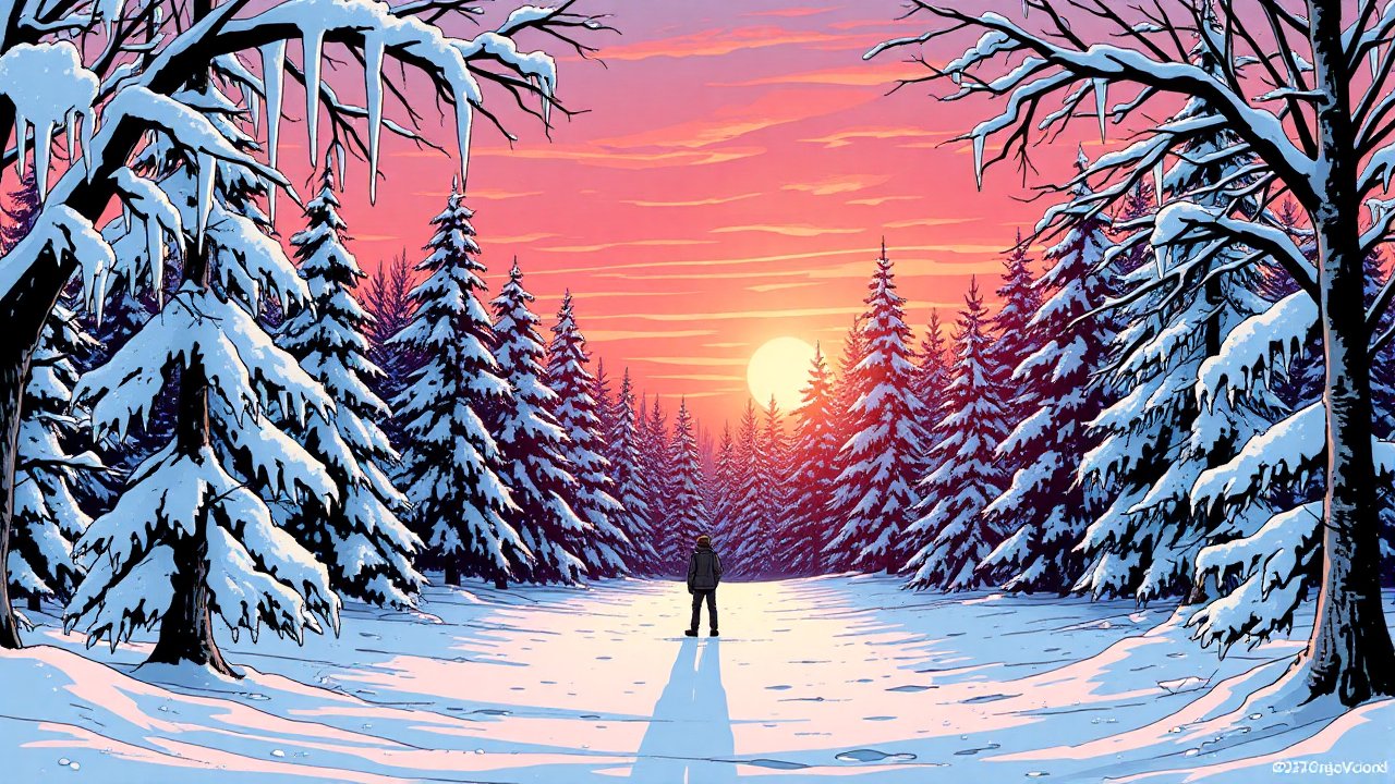 Solitary Figure in a Snowy Forest at Sunset