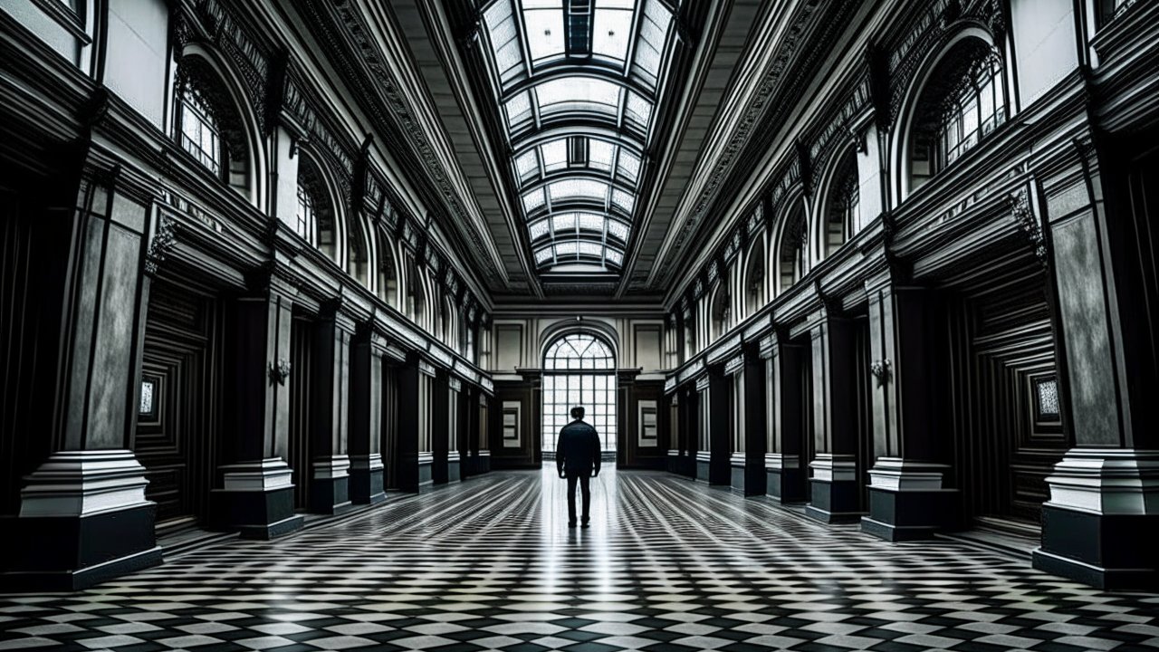 Solitary Figure in Grand Historic Hall with Checkerboard Floor