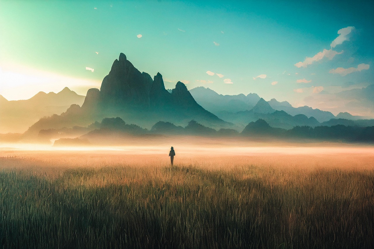 Solitary Figure in Misty Mountain Landscape at Sunrise
