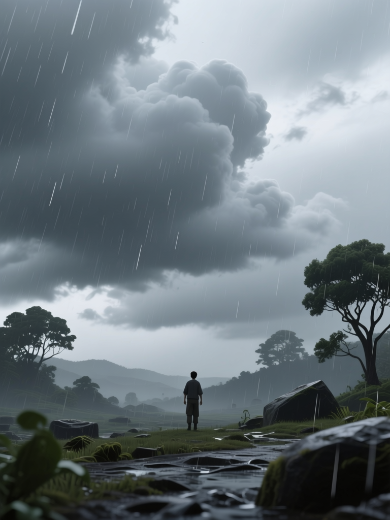 Solitary Figure in Rainy Overcast Landscape