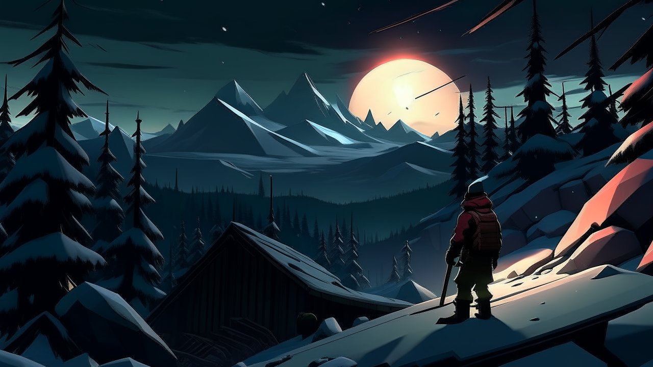 Solitary Figure in Snowy Mountain Landscape at Sunset