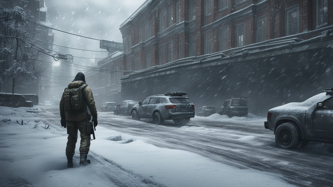 Solitary Figure in Snowy Urban Street