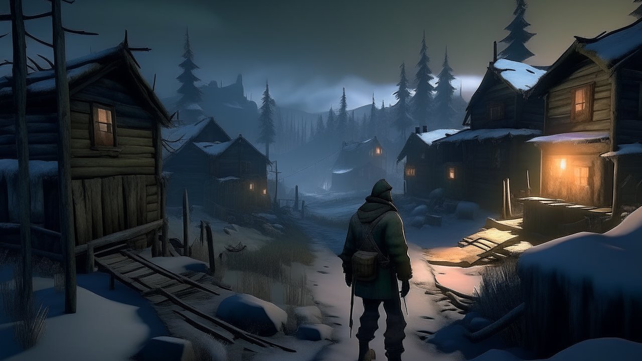Solitary Figure in Snowy Village at Dusk