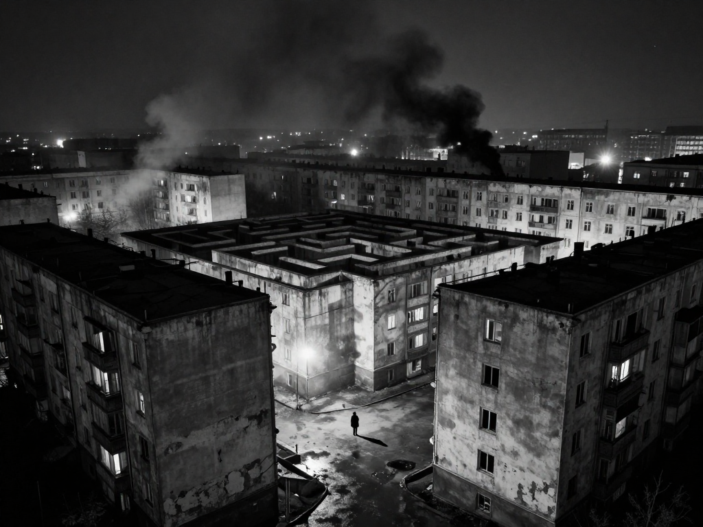 Solitary Figure in Soviet-Era Urban Maze at Night