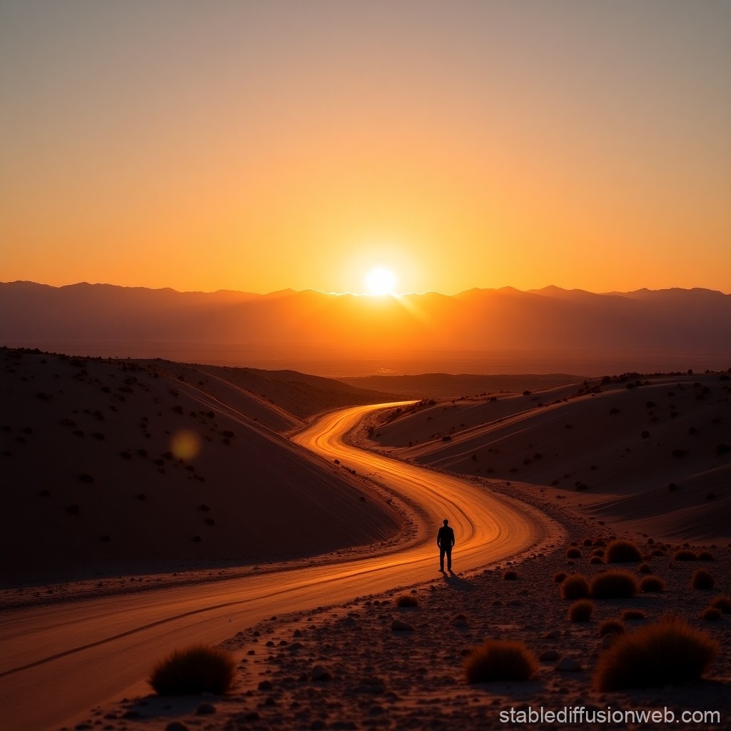 Solitary Figure on a Desert Road at Sunset