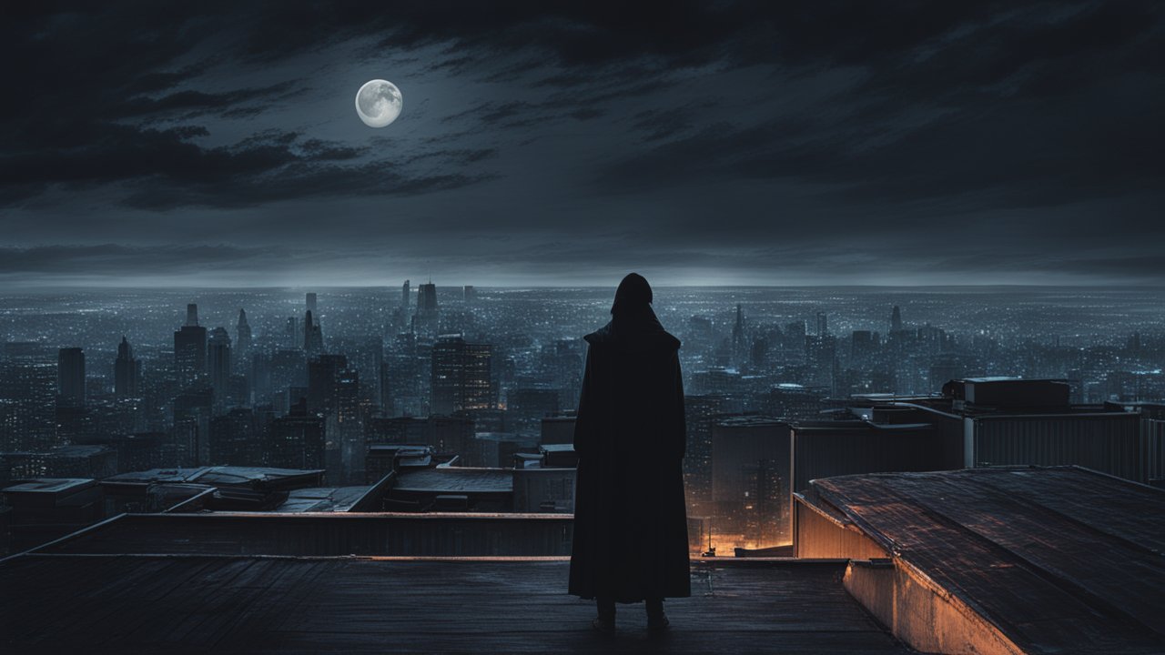 Solitary Figure Overlooking a Moonlit Cityscape