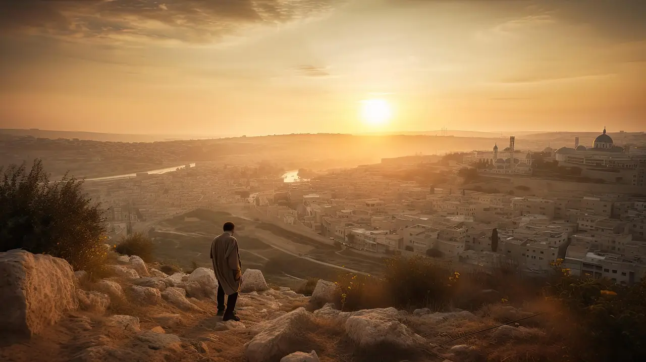 Solitary Figure Overlooking City at Sunset