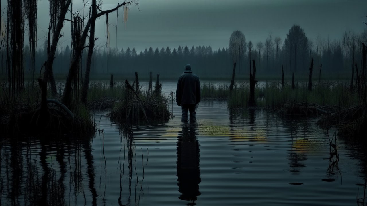 Solitary Figure Standing in a Dark Swamp at Dusk