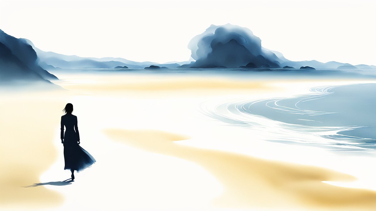 Solitary Figure Walking Along a Misty Shoreline