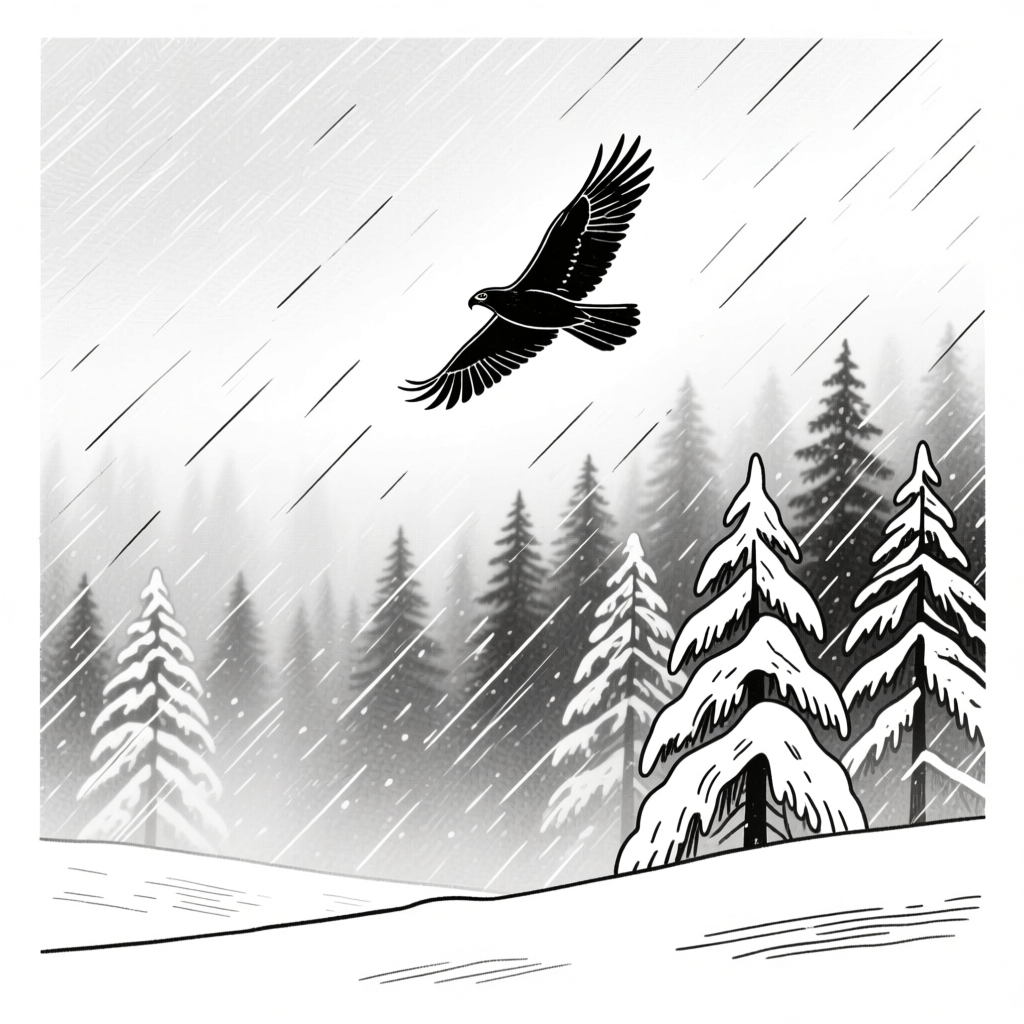 Solitary Hawk Flying Over Snowy Winter Forest