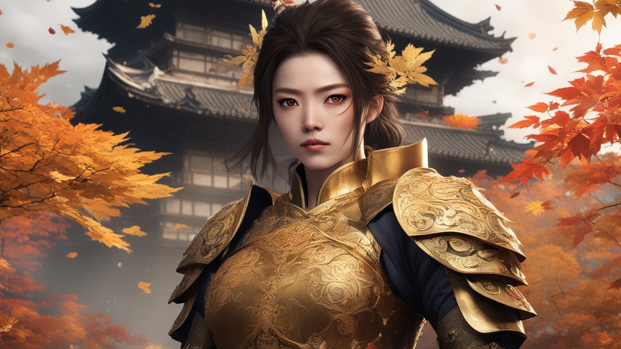 Solitary Heroine in Ornate Golden Armor