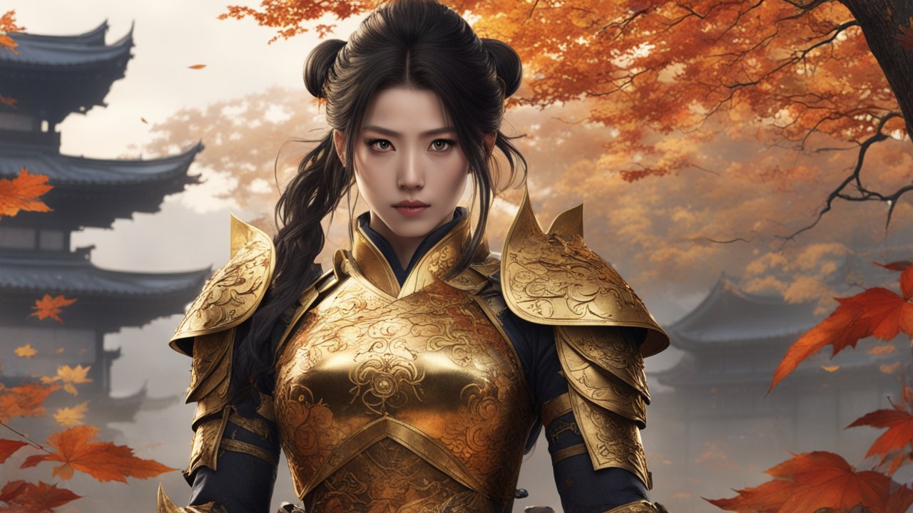 Solitary Heroine in Ornate Golden Armor Amid Autumn Scenery