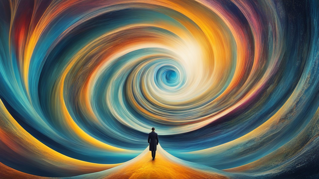Solitary Man Facing a Vibrant Abstract Vortex
