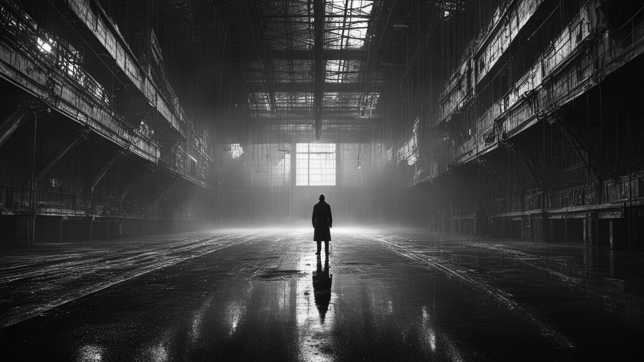 Solitary Man in Vast Abandoned Industrial Space