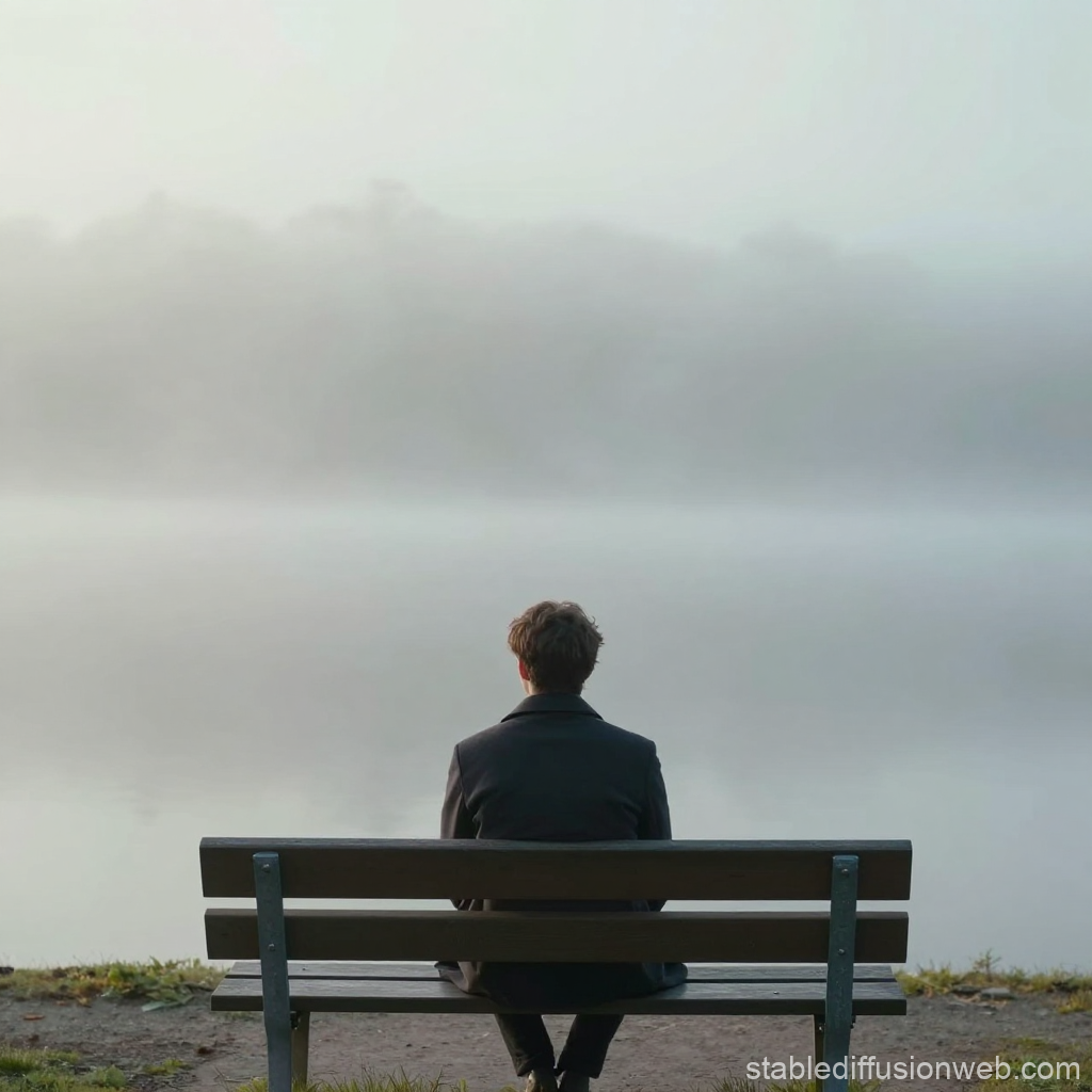 Solitary Man Sitting on Bench in Misty Landscape