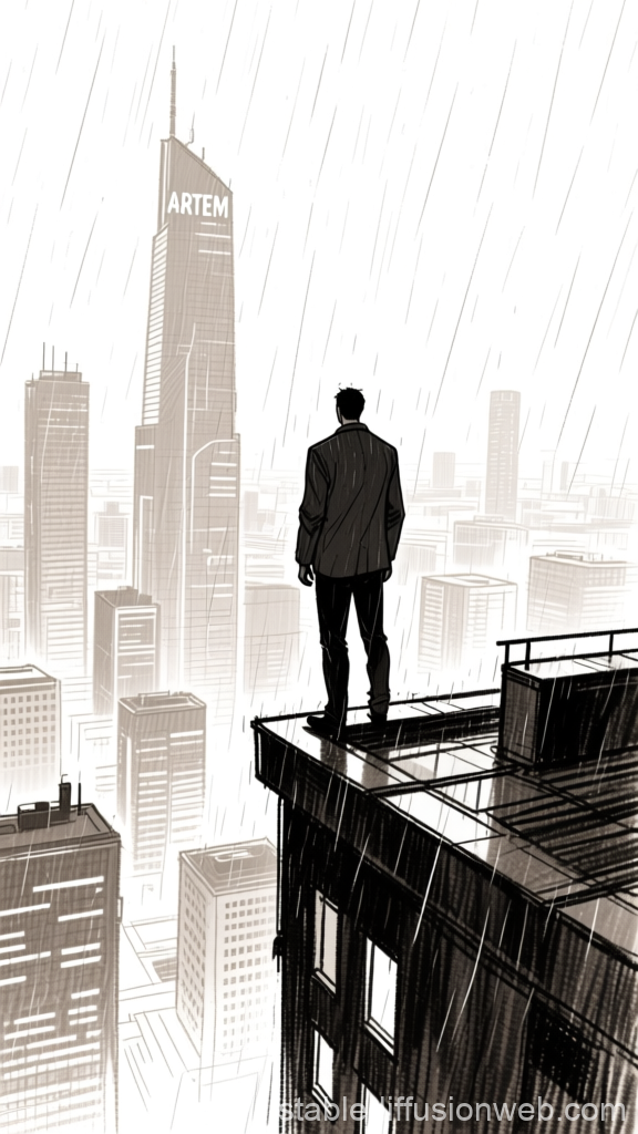 Solitary Man Standing on Rooftop in Rainy Cityscape
