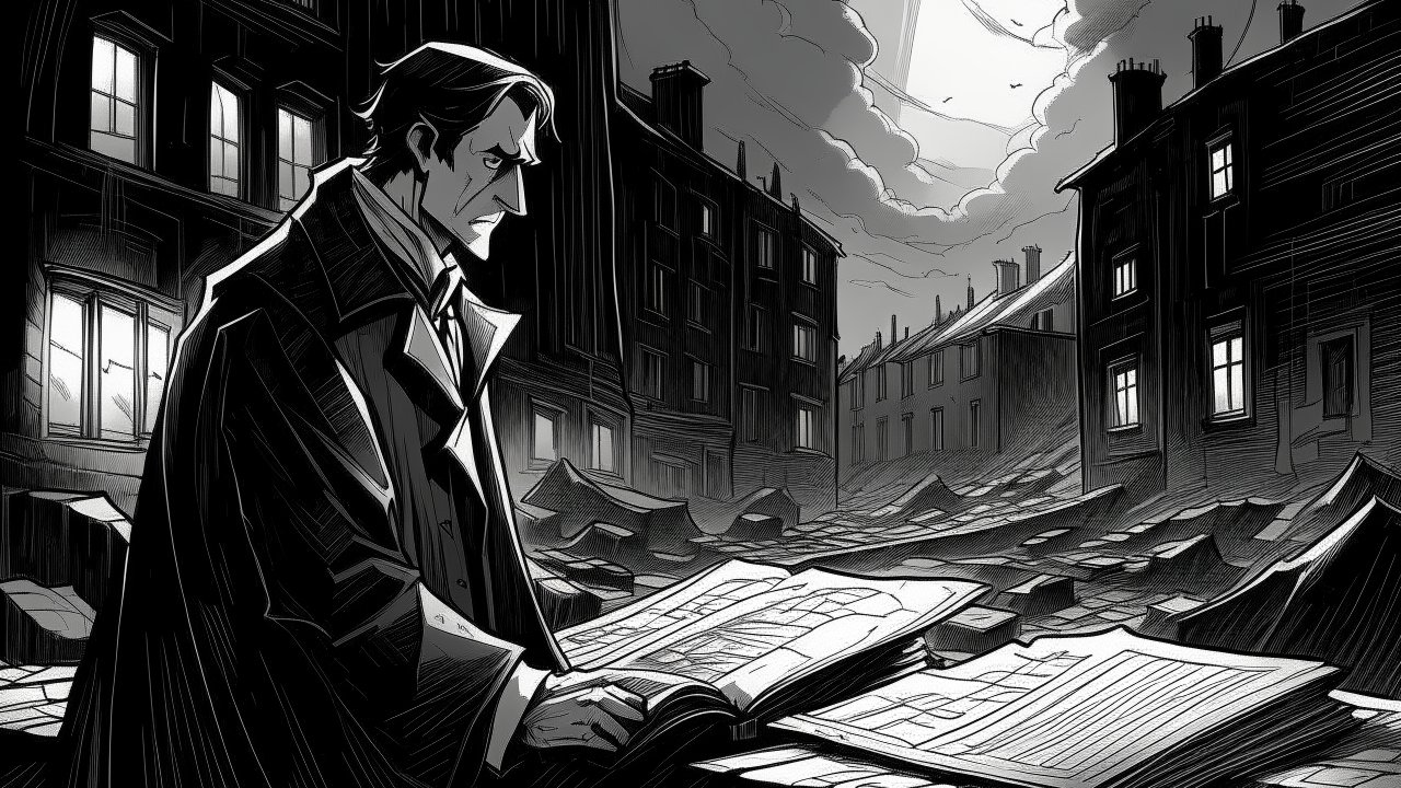 Somber Man Reading in a Ruined Cityscape