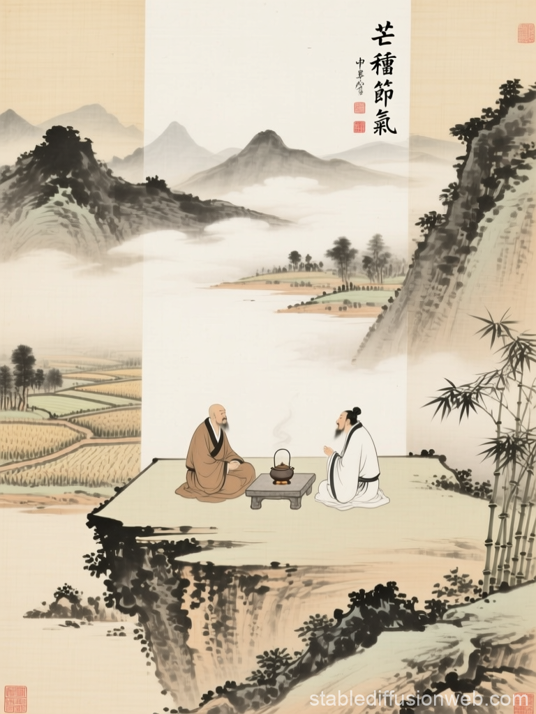 Song Dynasty Monk and Scholar Tea Ceremony on Cliff