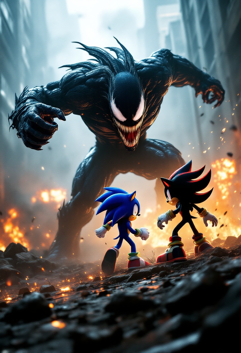 Sonic and Shadow Facing Venom in a Fiery Urban Battle