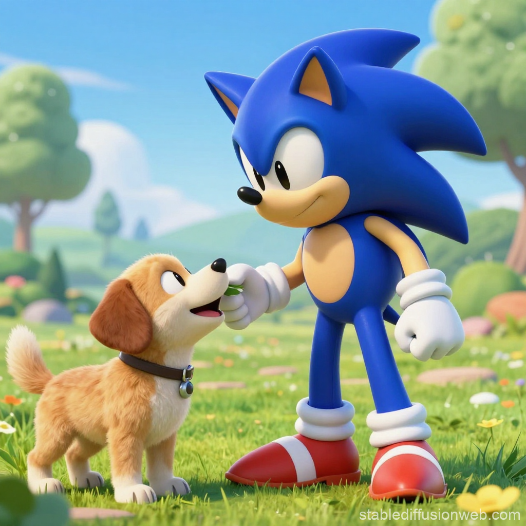 Sonic Feeding a Happy Puppy in a Sunny Meadow