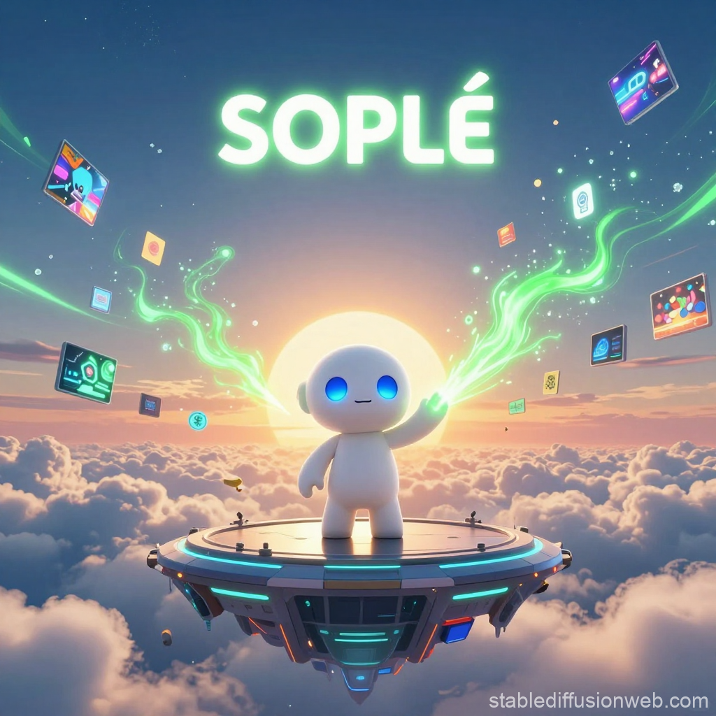 Soplé Character on Floating Platform with Magical Energy