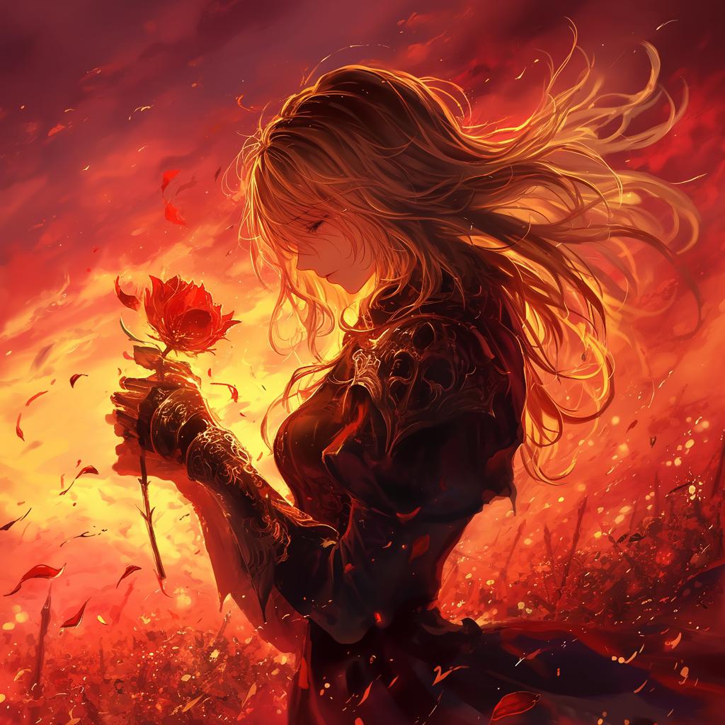 Sorrowful Woman Holding a Rose Amid Fiery Glow