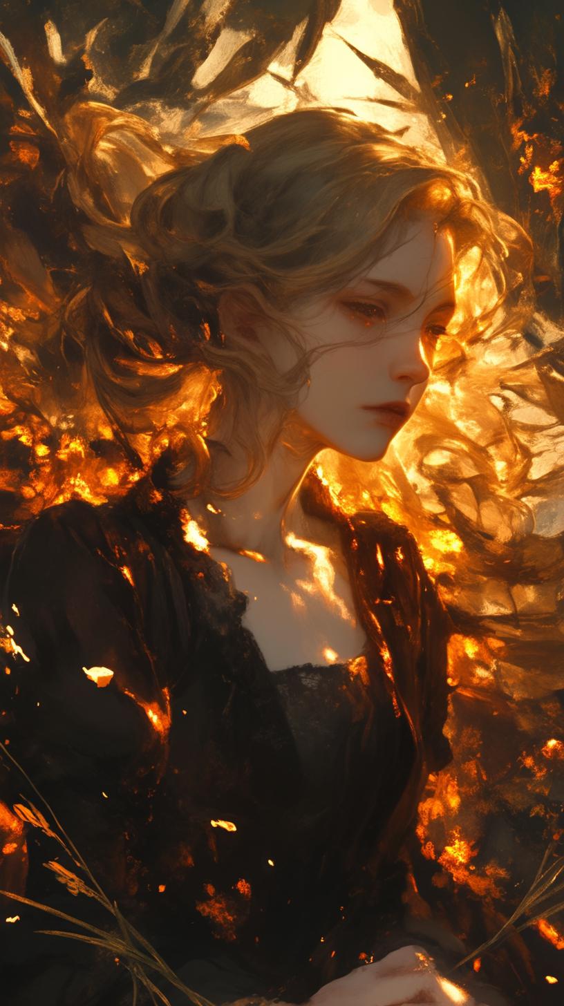 Sorrowful Woman Surrounded by Glowing Embers