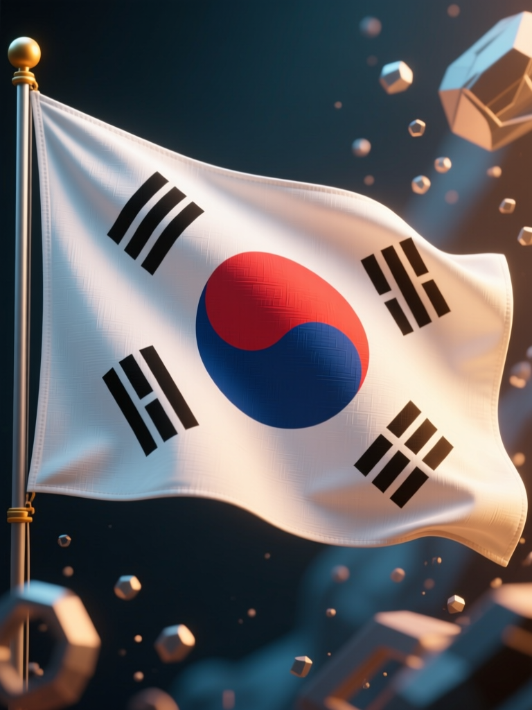 South Korea Flag Waving with Futuristic Geometric Elements