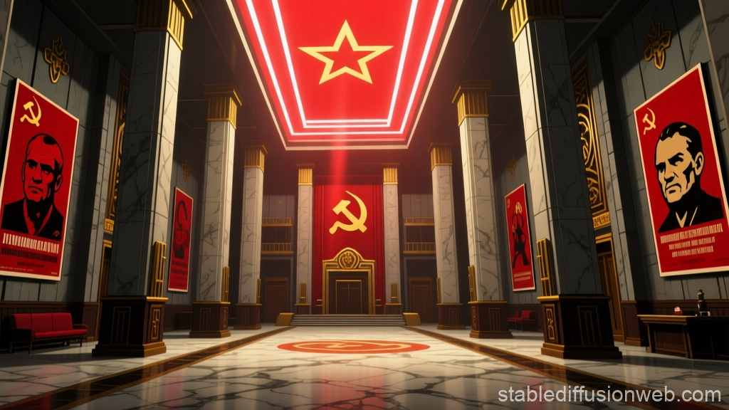Soviet Retrofuturistic Grand Hall with Iconic Symbols
