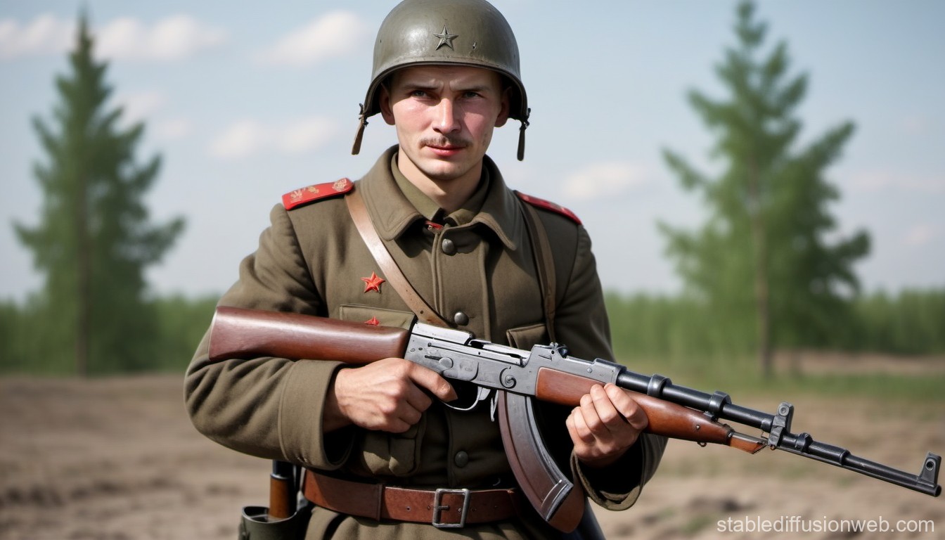 Soviet Soldier Holding AK-47 Rifle in Outdoor Setting