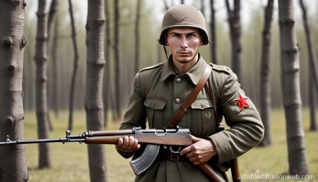Soviet Soldier in Forest Holding Rifle