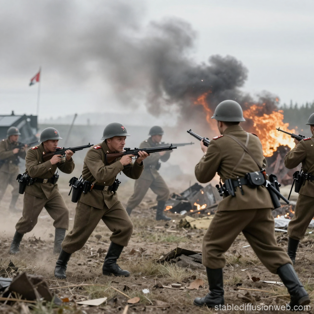 Soviet Soldiers Advancing in Battle with Explosions