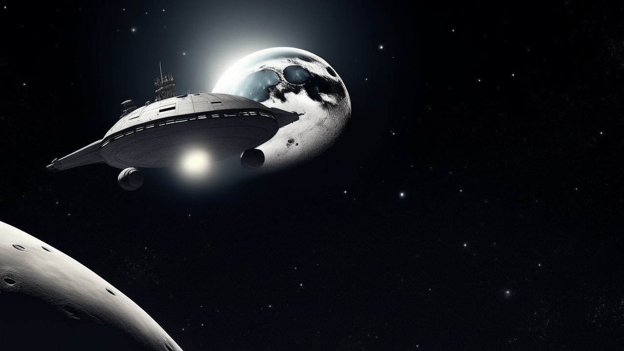 Spaceship Flying Near a Moonlit Planet in Deep Space