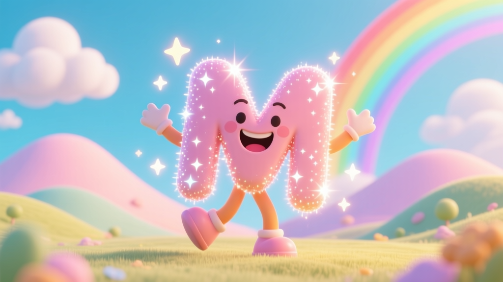 Sparkling Animated Letter M Dancing in a Colorful Landscape