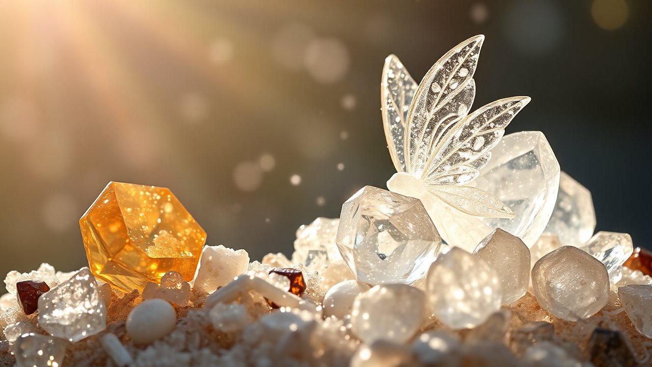 Sparkling Crystals and Delicate Glass Butterfly in Warm Light