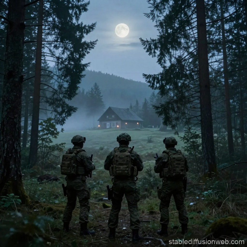 Special Forces Team Approaching Cabin in Foggy Forest at Night