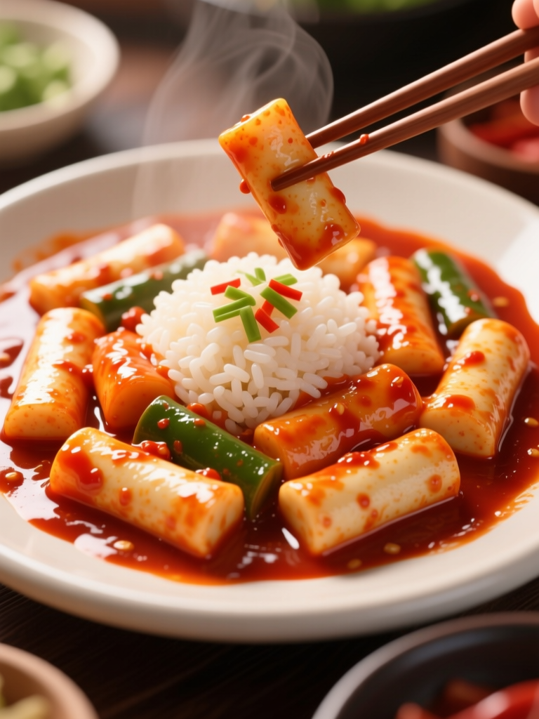 Spicy Korean Tteokbokki with Rice and Vegetables