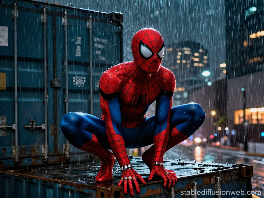 Spider-Man Crouched on Container in Rainy Night