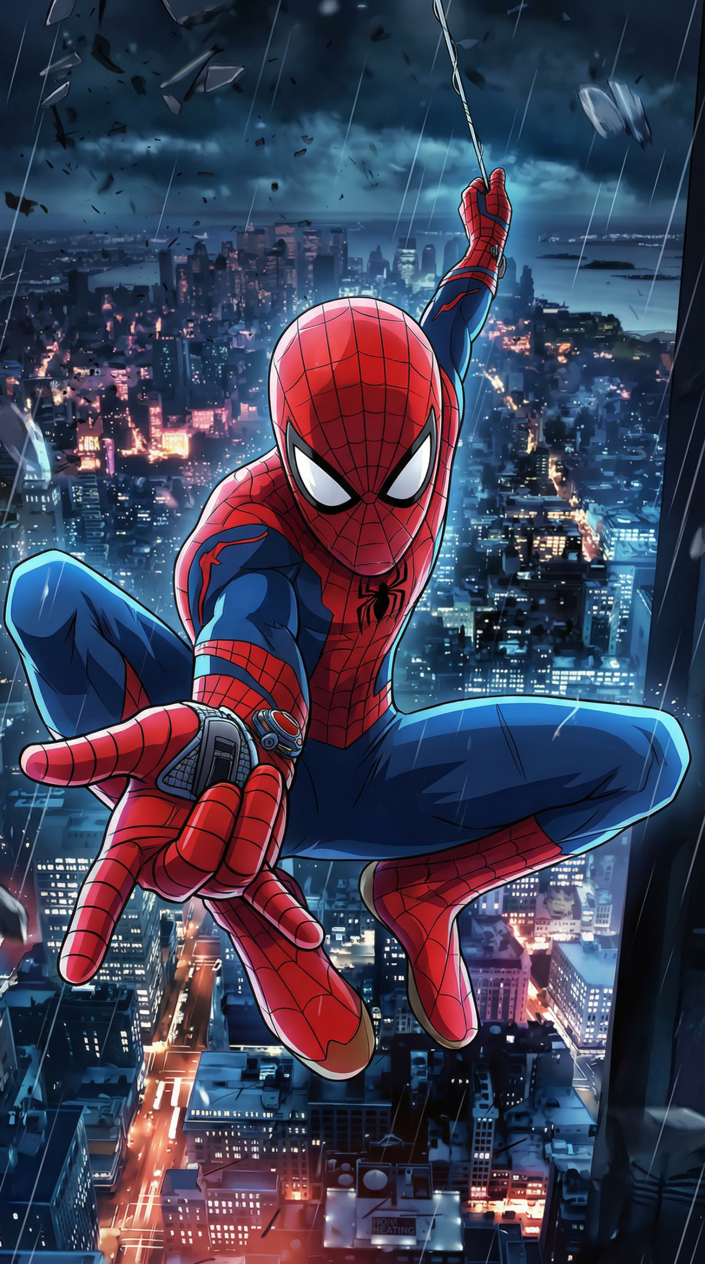 Spider-Man Swinging Over City at Night