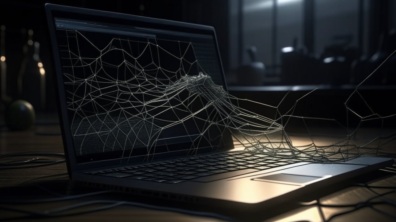 Spider Web Emerging from Laptop Screen in Dark Room