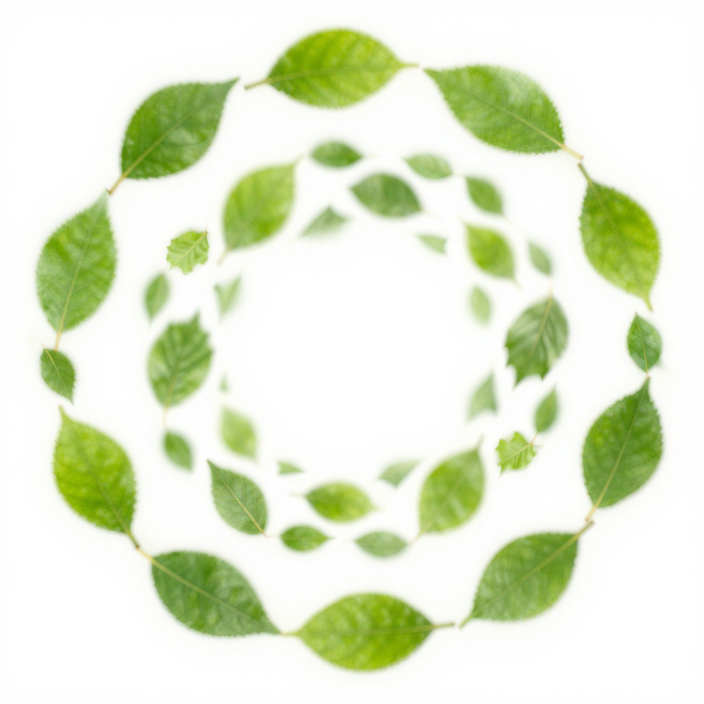 Spiral of Flying Green Leaves on White Background