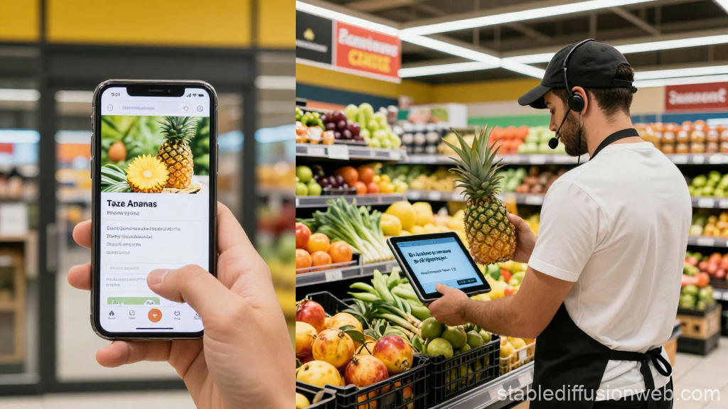 Split Screen Showing Digital and In-Store Pineapple Shopping