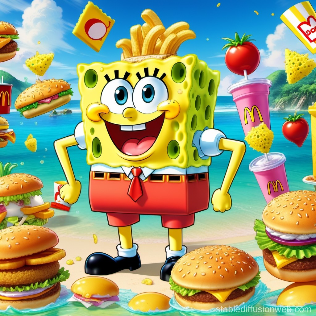 SpongeBob SquarePants with McDonald's Food at the Beach