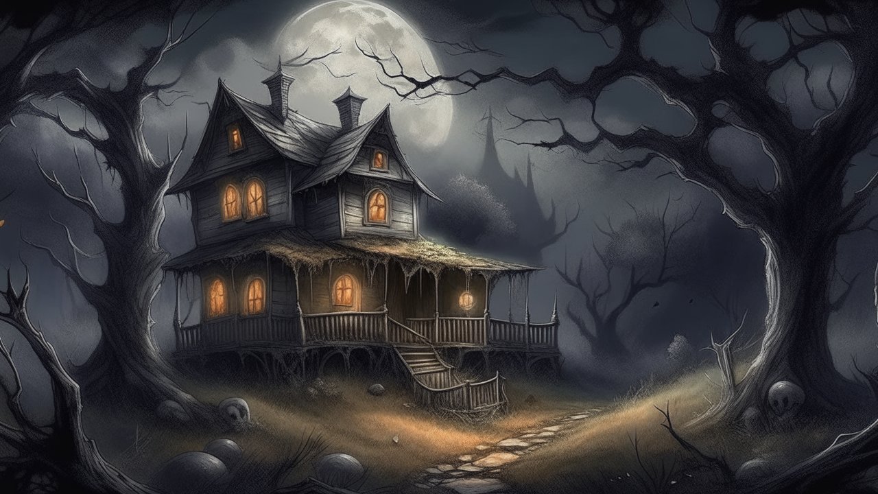 Spooky Abandoned House Under Full Moon