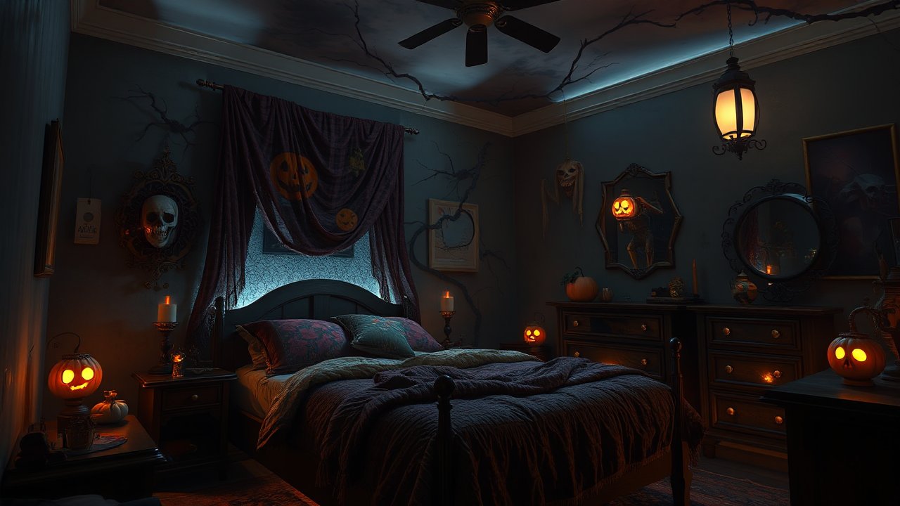 Spooky Halloween Bedroom with Jack-o'-Lanterns and Creepy Decor