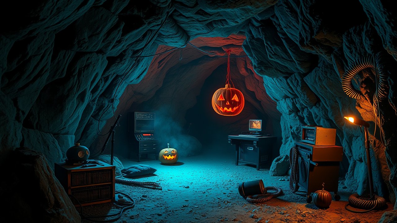 Spooky Halloween Cave with Jack-o'-Lanterns and Vintage Tech