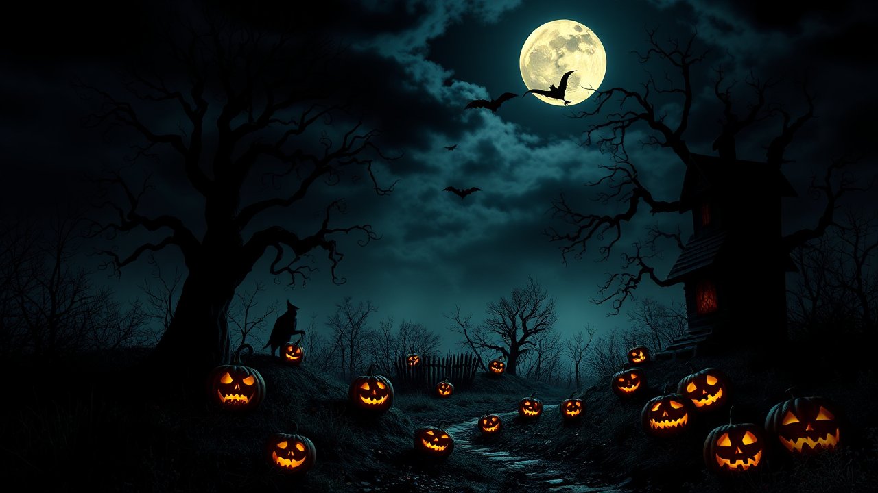 Spooky Halloween Night with Glowing Jack-o'-Lanterns and Full Moon