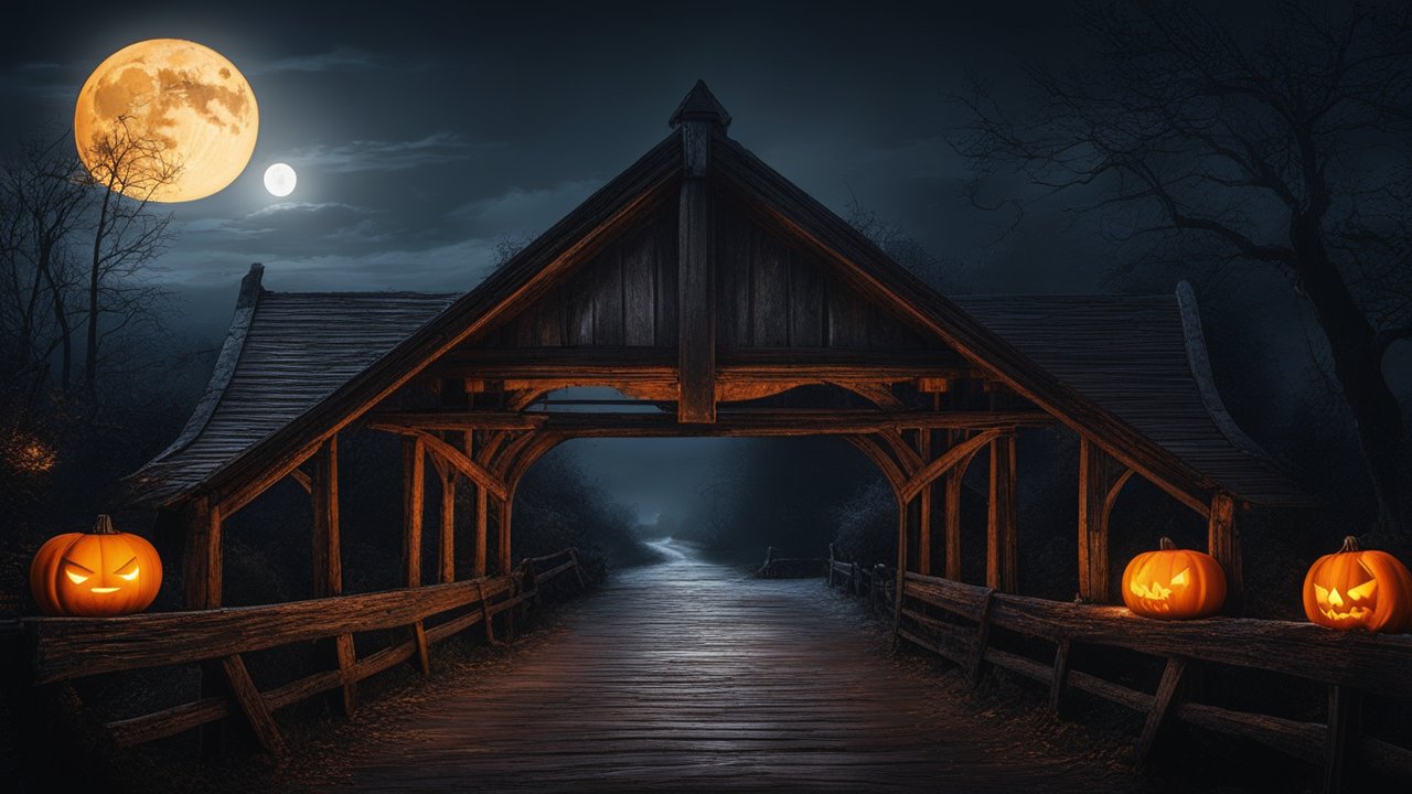 Spooky Haunted Covered Bridge with Jack-o'-Lanterns at Night