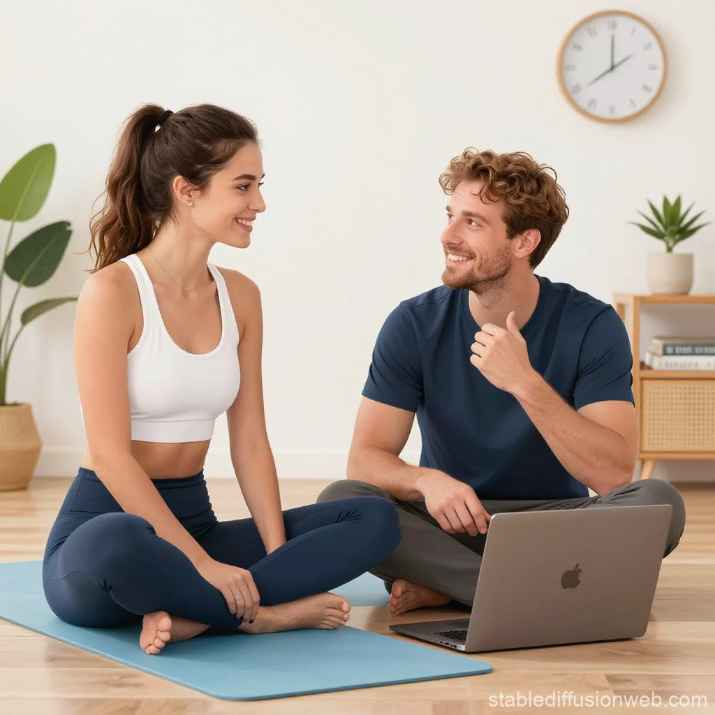 Sporty Couple Relaxing with Laptop on Yoga Mat