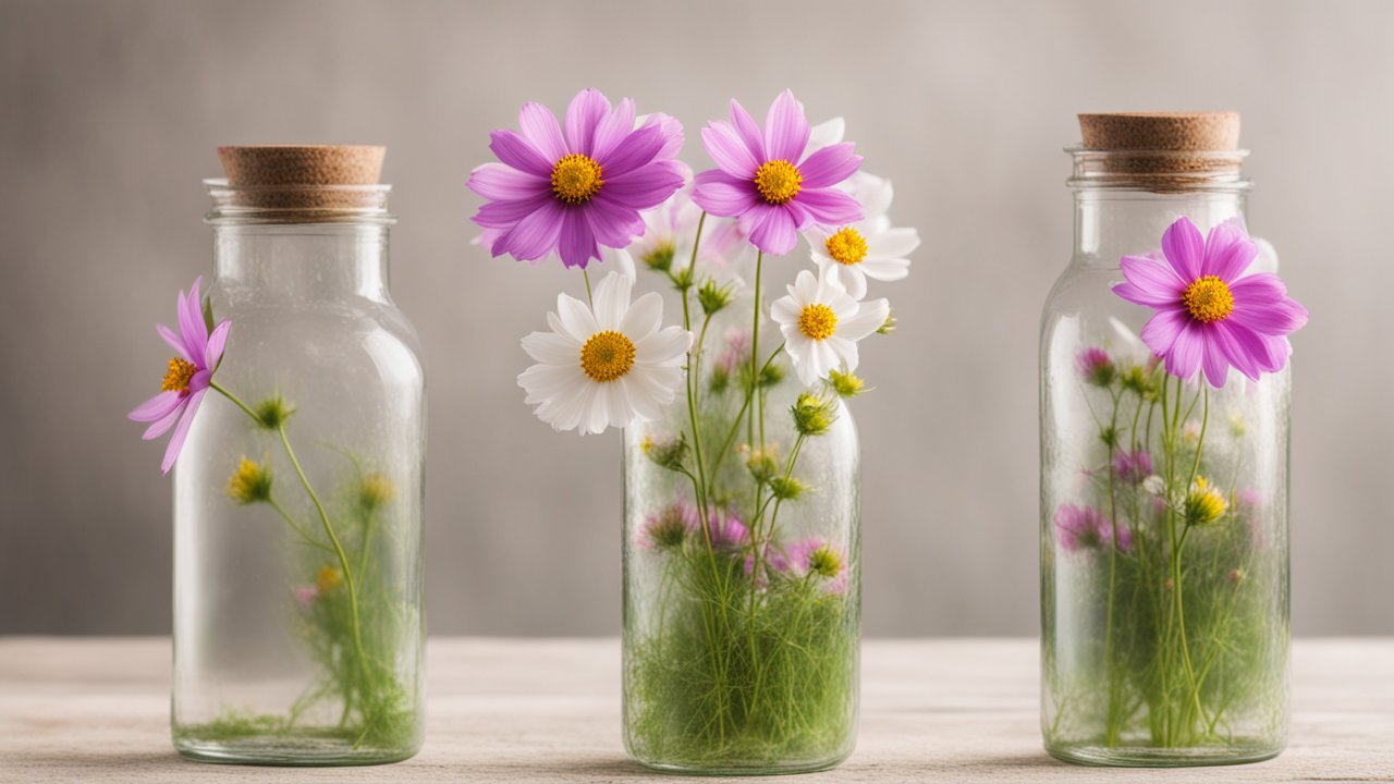Spring Cosmos Flowers in Glass Bottles with Cork Stoppers